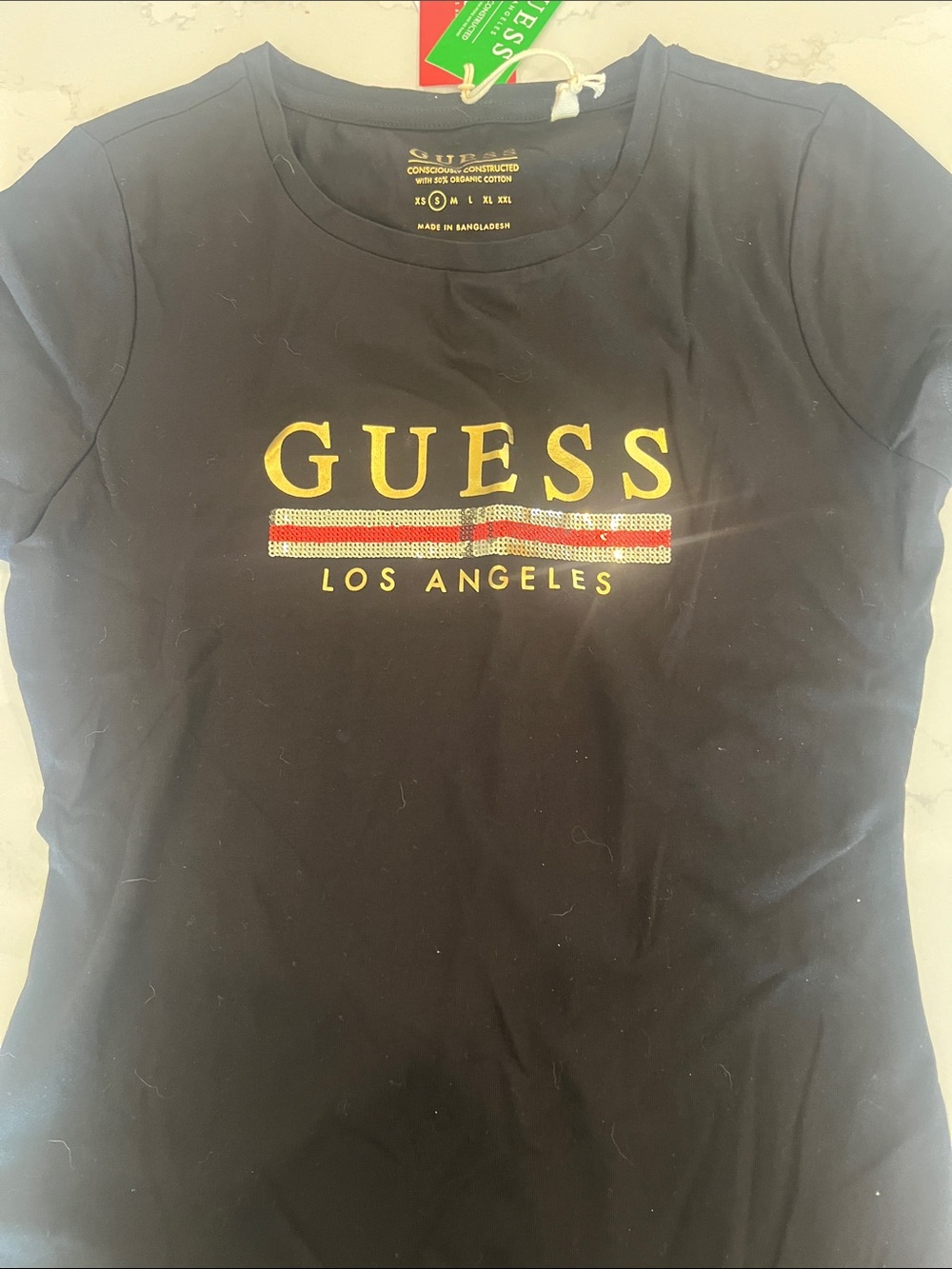 Guess Black Tee with Gold Logo and Red-White Rhinestone Stripe